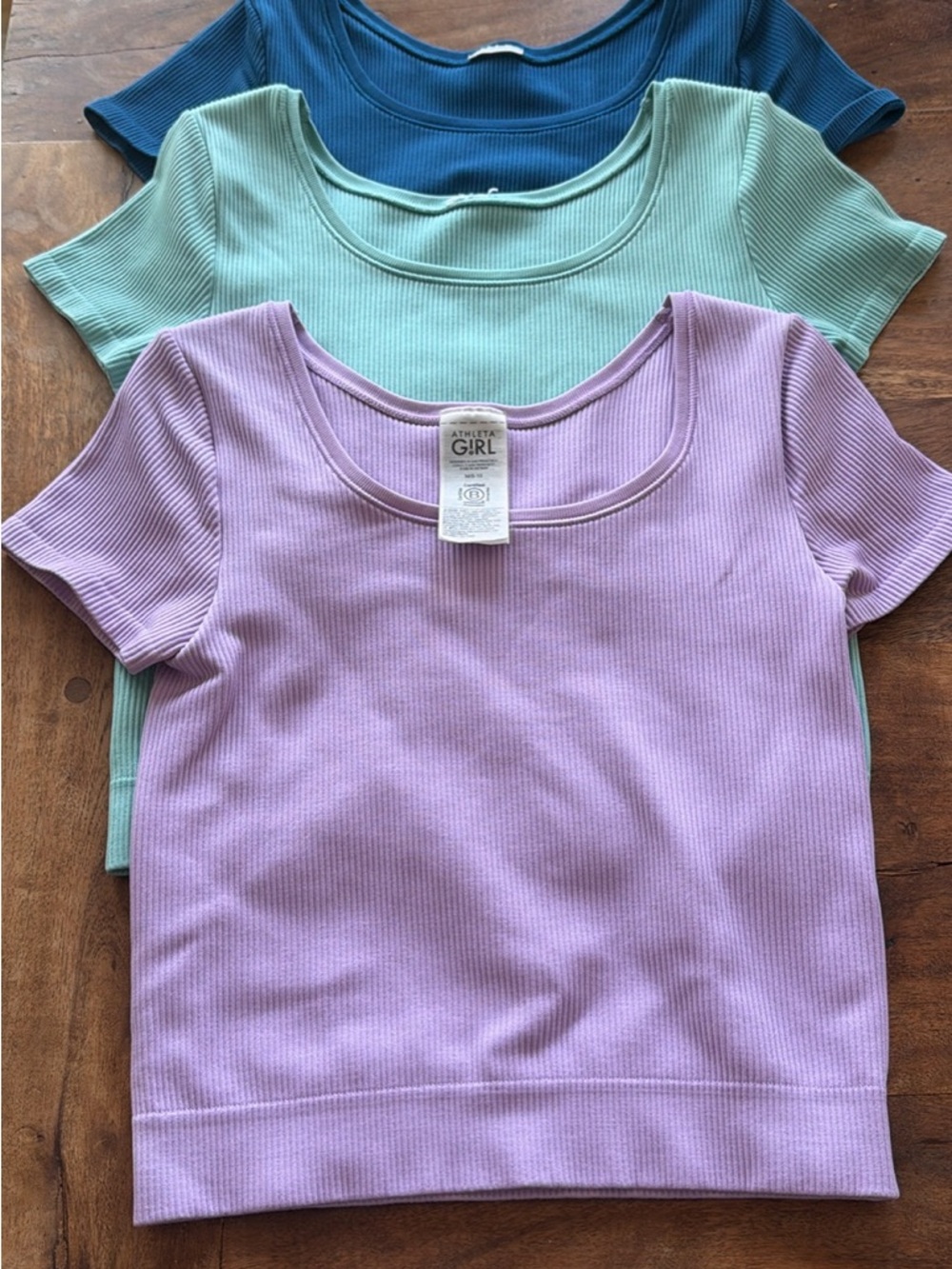 Athleta Girls Ribbed Scoop Neck Crop Top Set in Lavender, Mint, and Navy